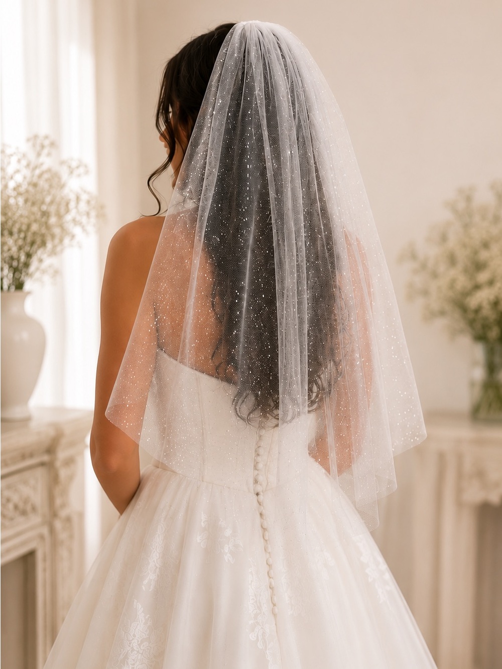 White Glitter Bridal Veil – Sparkle Wedding Veil – Cathedral Fairycore